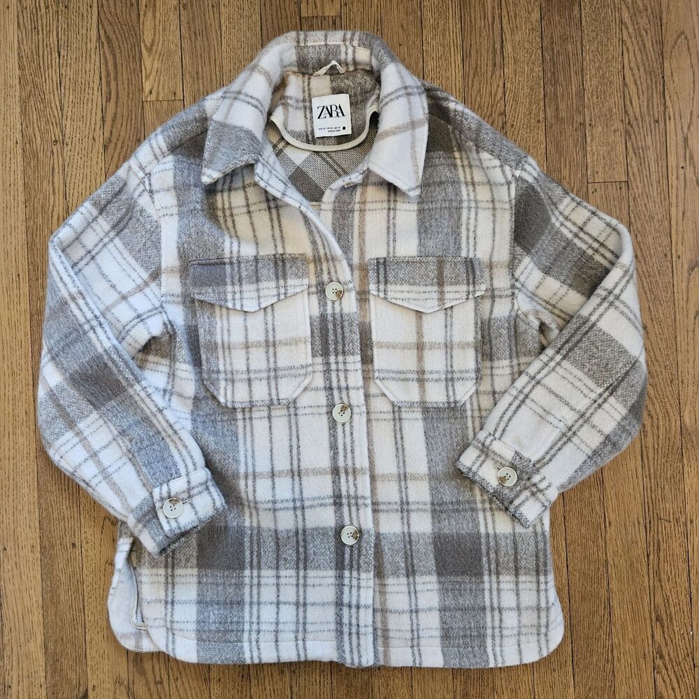 ZARA Plaid Shacket XS Oversized Chore Jacket Barn Coat Button Up CREAM Tartan